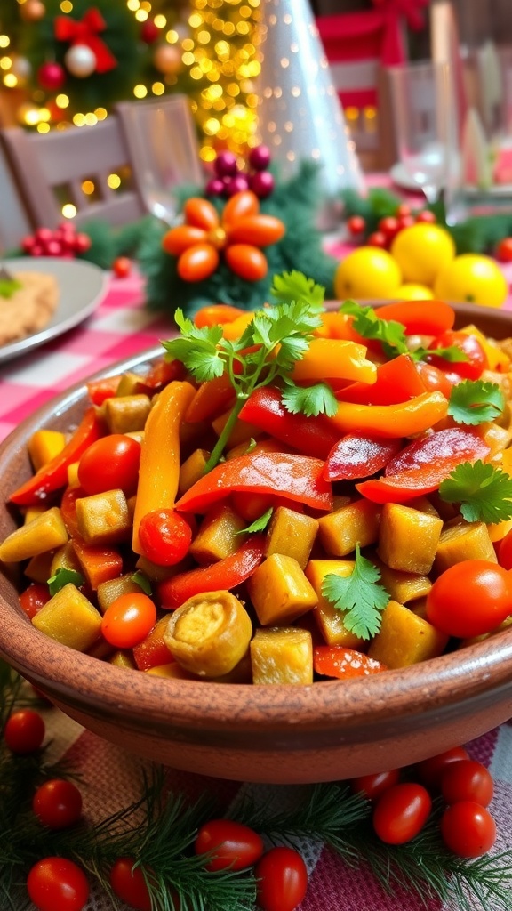 Christmas Okarun Recipe A festive bowl of okra dish with bell peppers and tomatoes, garnished with cilantro, on a holiday table.